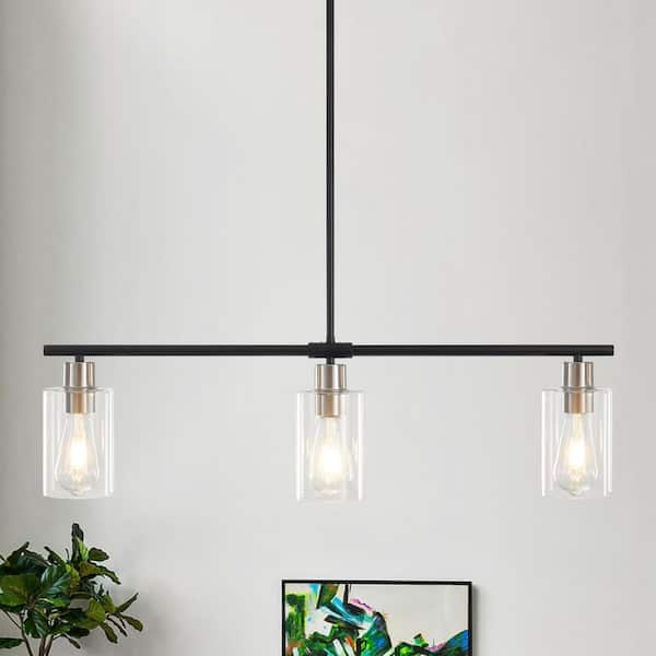 ZJVAIVE 3-Light Black/Nickel Industrial Linear Chandelier with Glass Shades for Kitchen Island with No Bulbs Included