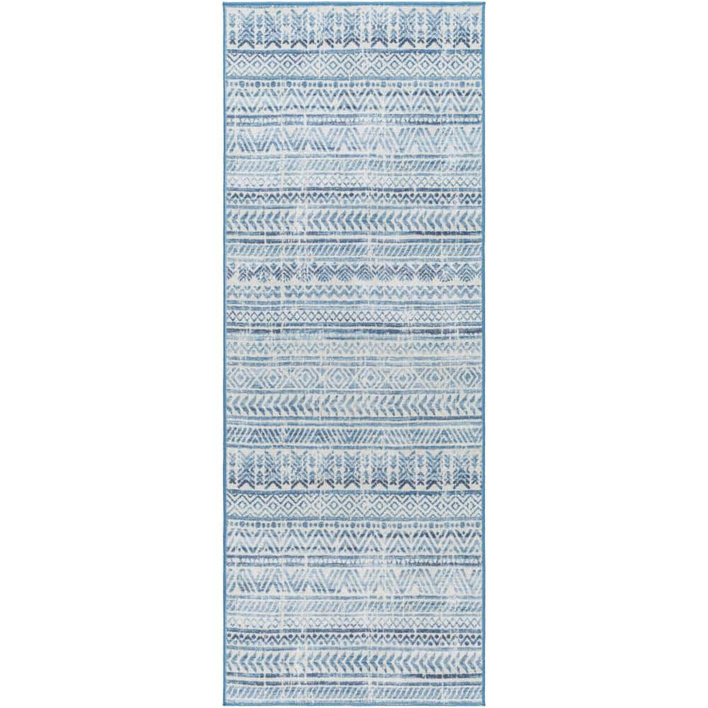 Livabliss Hera Blue/White 3 ft. x 7 ft. Stripe Indoor Machine-Washable ...
