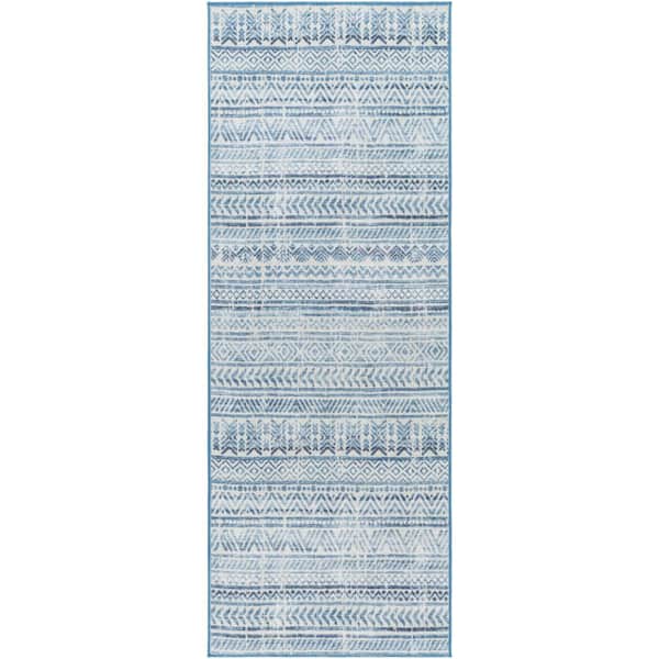 Livabliss Hera Blue/White 3 ft. x 7 ft. Stripe Indoor Machine-Washable Runner Area Rug