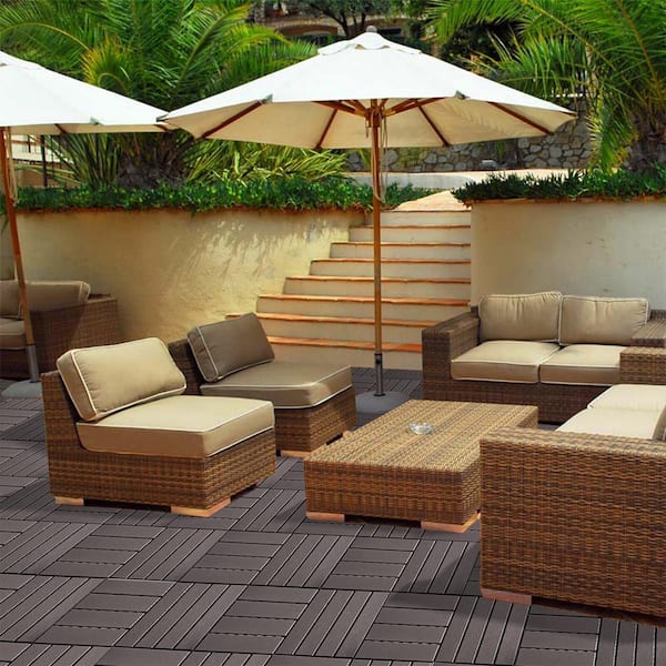 GOGEXX 12in.W x12in.L Outdoor Patio Striped Pattern Square Plastic PVC Interlocking Flooring Deck Tiles(Pack of 9Tiles)in Brown