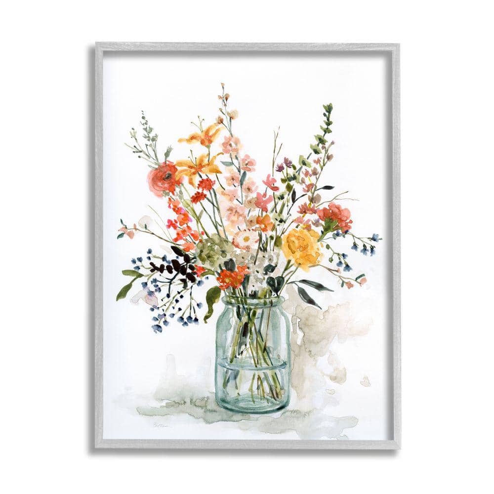 Warm Summer Meadow Floral Bouquet Still Life Painting on Canvas with Gray Frame, 16 x 20