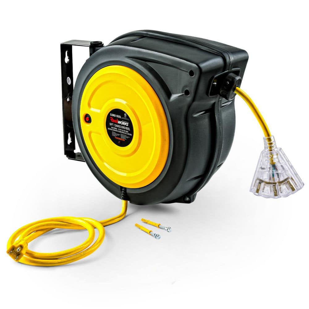50 ft. 12/3 15 Amp Retractable Extension Cord Reel with 3-Grounded Outlets and Tri-Tap End price history on PriceWatchPro