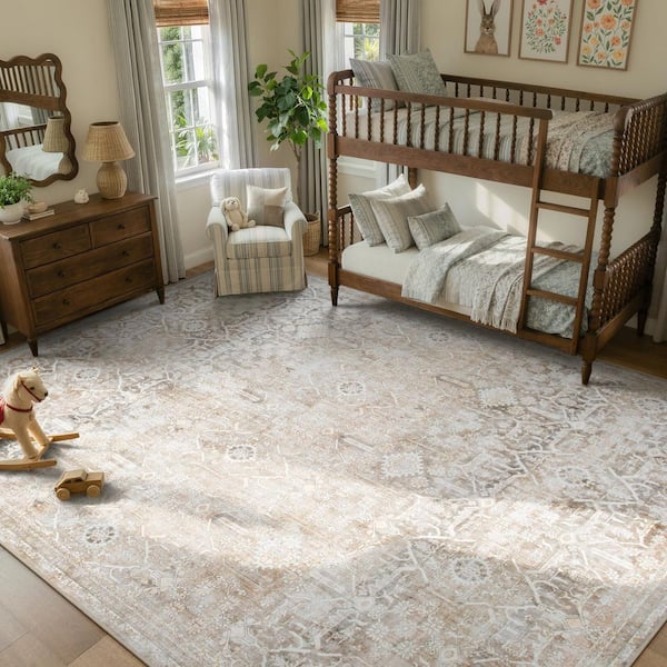 10 ft. x 14 ft. Khaki Vintage Floral Tribal Washable Non Slip Ultra-Thin Soft Area Rug