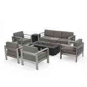 Valentina Dark Grey 7-Piece Aluminum Outdoor Patio Fire Pit Conversation Set with Khaki Cushions