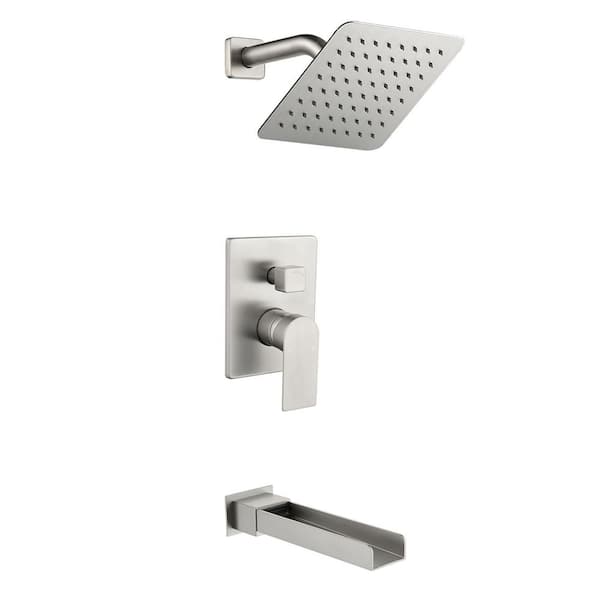 AIMADI Single Handle 1-Spray Wall Mount Tub and Shower Faucet 1.8 GPM 8 in. Shower System in Brushed Nickel Valve Included
