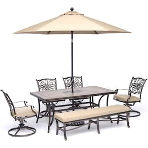 Monaco 6-Piece Aluminum Outdoor Dining Set with Tan Cushions with 1 Bench, Tile-Top Table, and Umbrella with Stand
