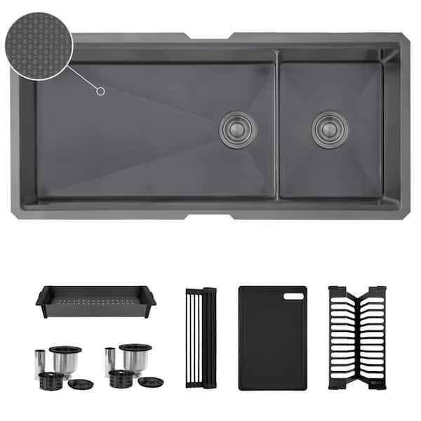 Undermount 42 inch Workstation 70/30 Double Bowl Kitchen Sink with Dura-Tek finish with Accessories