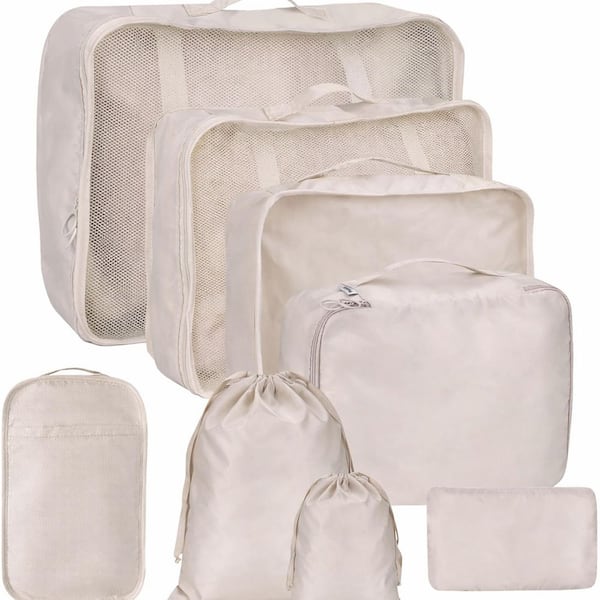 Beige 8-Pieces Suitcase Packing Cubes, Travel Luggage Organizers with Laundry Bag, Shoe Bag, Underwear Bag