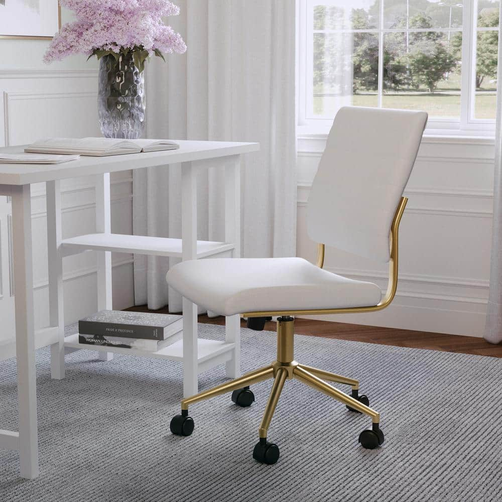 MARTHA STEWART Ivy Faux Leather Adjustable Height with Wheels Office Chair in White Faux Leather Polished Brass CH 220921 1 WH GLD MS The Home Depot