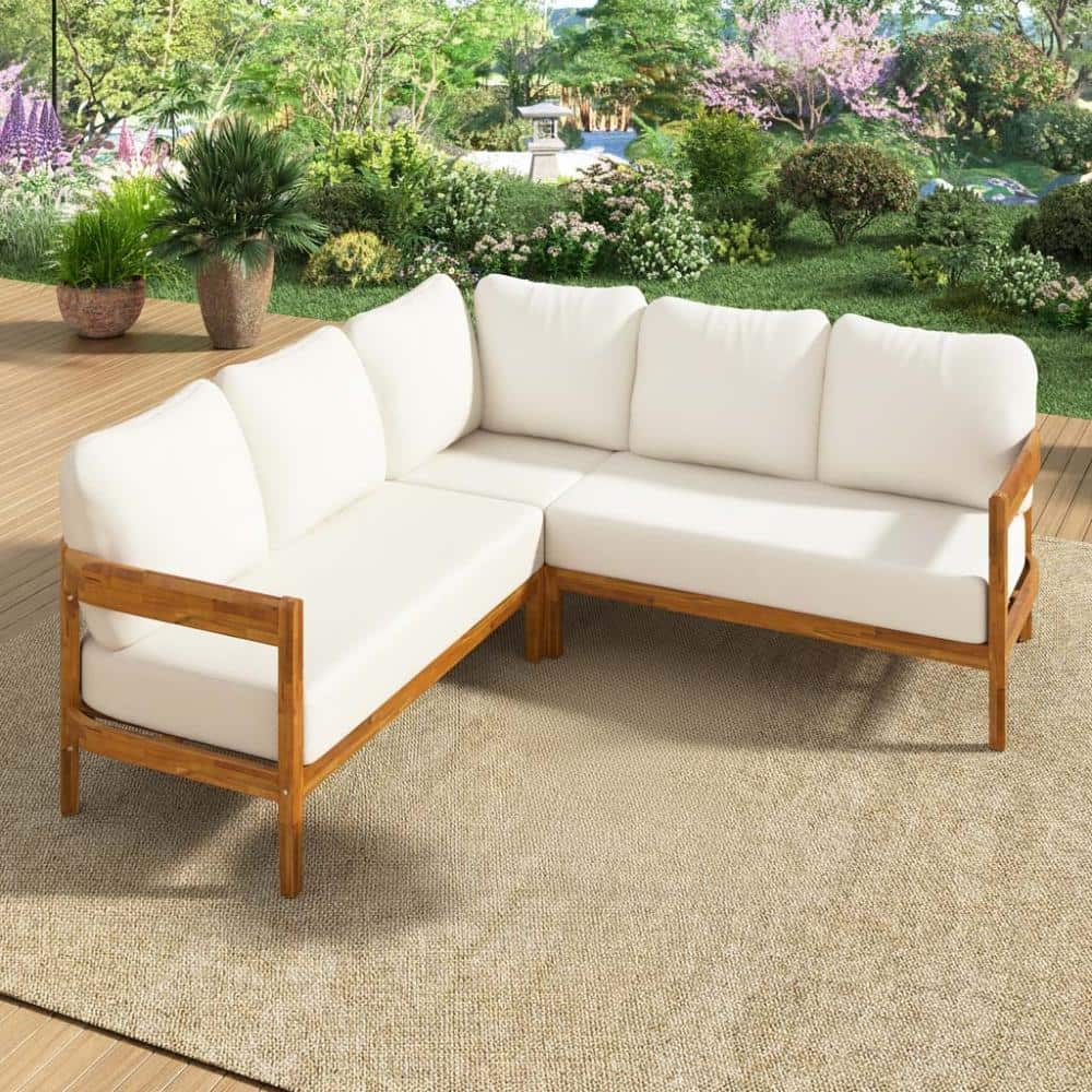 3-Piece Wood Outdoor Sectional Sofa Set with Beige Cushions price history on PriceWatchPro