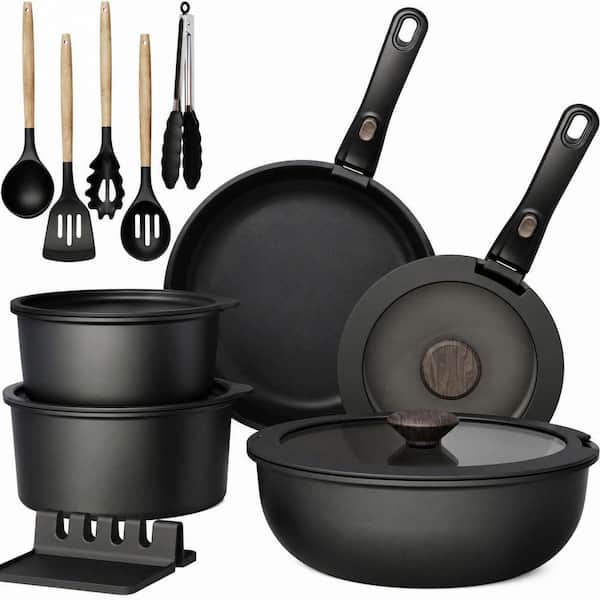 21-Piece Black Aluminum Nonstick Ceramic Cookware Set Detachable Handle Induction Safe Stackable Stock Pot
