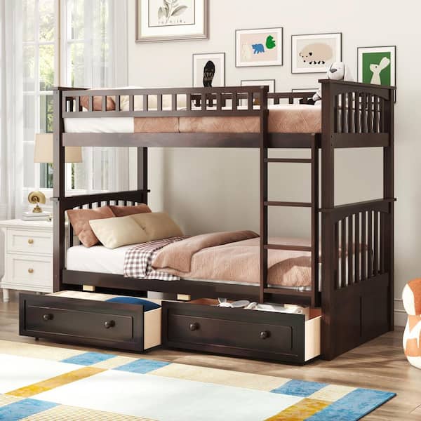 Espresso Twin Size Wood Bunk Bed with 2-Drawers