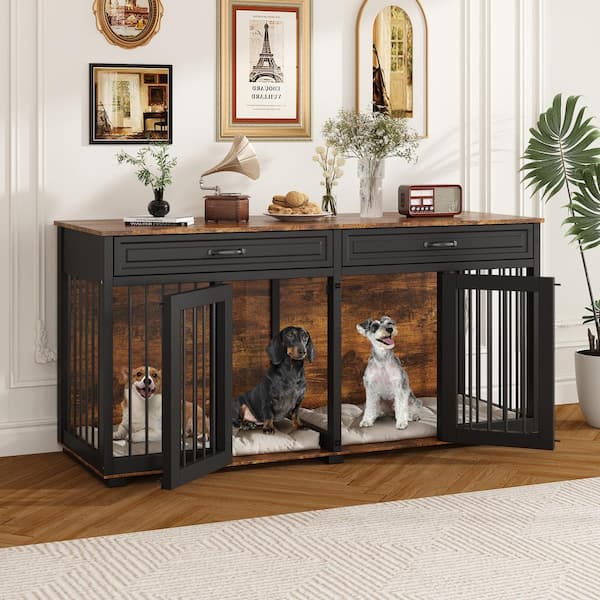 Large Dog House Furniture, Indoor Wooden Dog Crate with 2 Drawers and Divider, for 2 Small or Medium Dogs, Tiger Skin