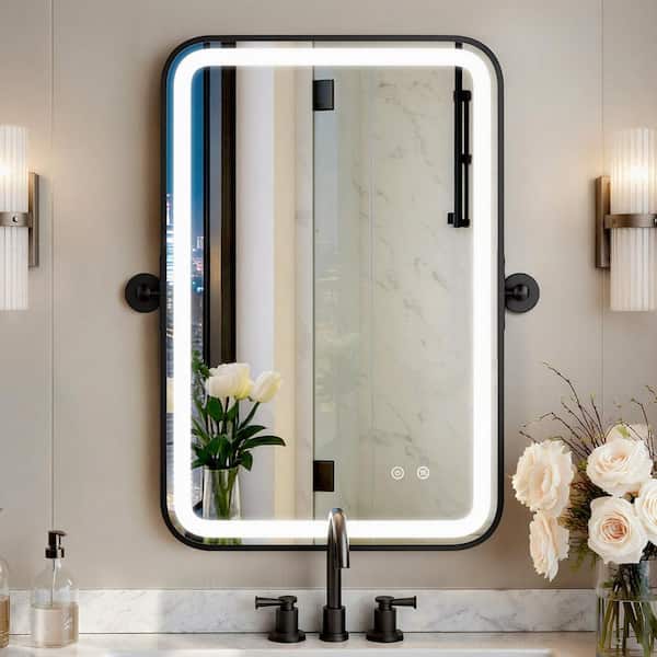 20 in. W x 30 in. H Rounded Rectangular Black Framed LED Lighted Antifog Tilt Pivot Wall Mount Bathroom Vanity Mirror