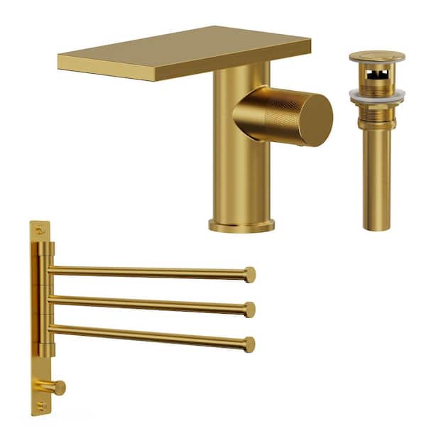 6 in. H Waterfall 1-Handle Single Hole Bathroom Sink Faucet with Towel Rack and Pop-Up Drain 1.2 GPM in Brushed Gold