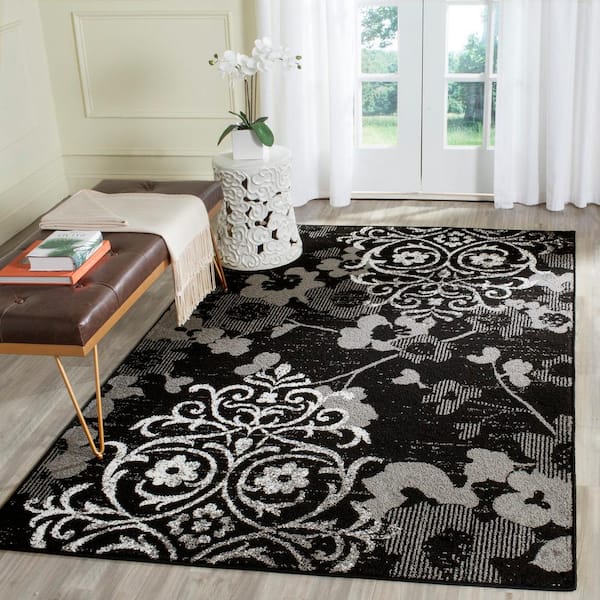 SAFAVIEH Adirondack Collection ADR114A Floral Glam Damask Distressed Non-Shedding Living Room Dining Entryway Foyer Hallway Runner 2'6 x 22' Black/Silver