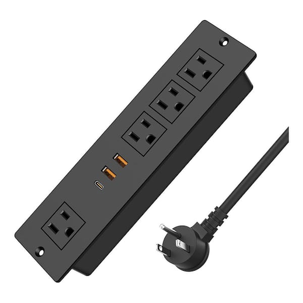 Recessed Power Strip with PD 20W USB-C Flush Mounted Drawer Outlet 4 Outlets 3 USB Ports Black 6.5FT Cord