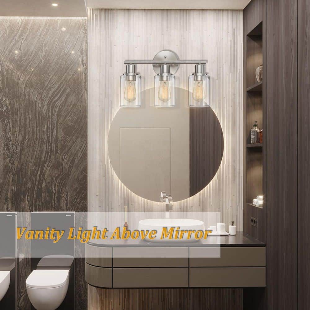 Brushed Nickel 3-Light Modern Bathroom Vanity Light with Clear Glass Shades