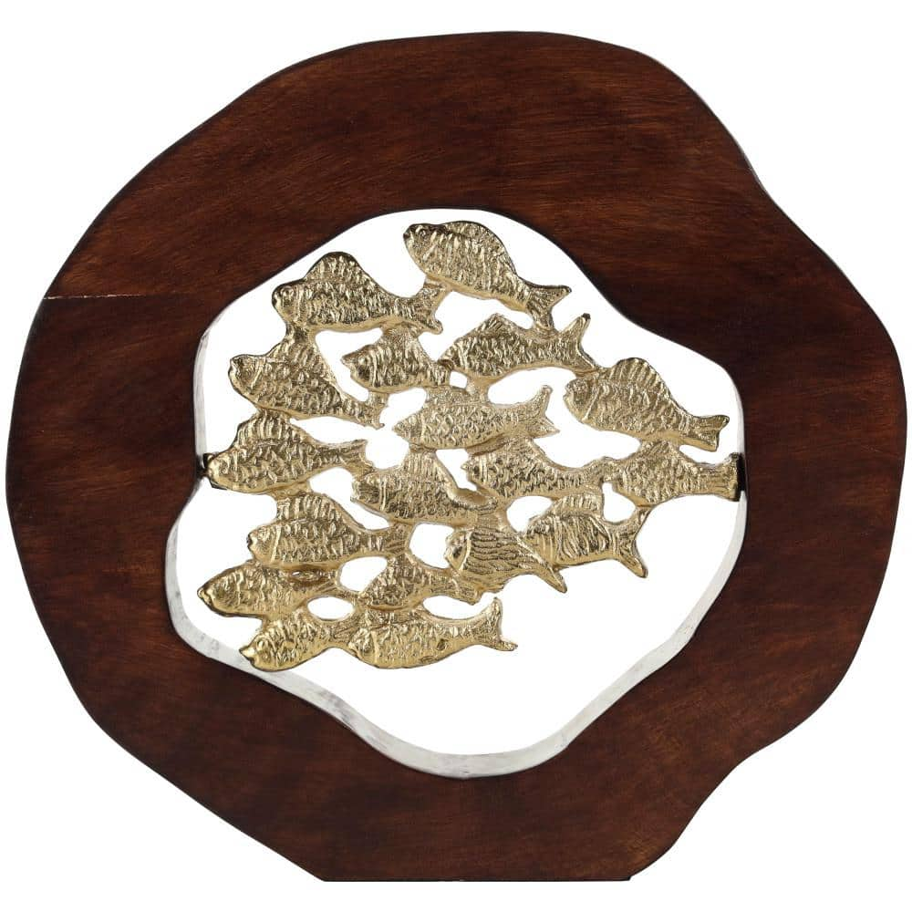 Litton Lane Gold Aluminum Metal Fish Sculpture with Brown Wooden Frame