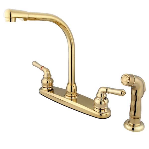 Kingston Brass Magellan 2-Handle Deck Mount Centerset Kitchen Faucets with Side Sprayer in Polished Brass