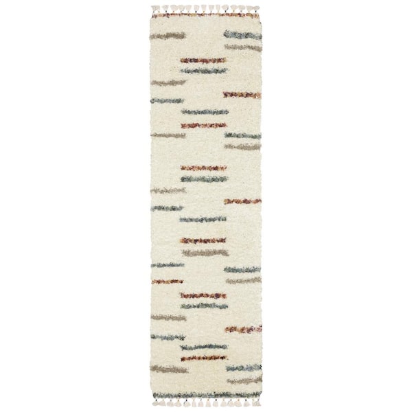 AVERLEY HOME Avalon Ivory/Multi-Colored 2 ft. x 8 ft. Staggered Geometric Stripe Polypropylene Shag Tassel Indoor Runner Area Rug