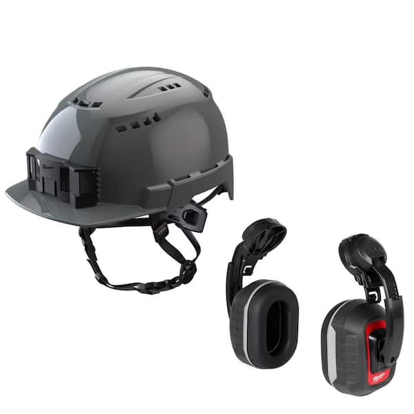 BOLT Gray Type 2 Class C Front Brim Vented Safety Helmet W/ BOLT Earmuffs with Noise Reduction Rating of 26 dB