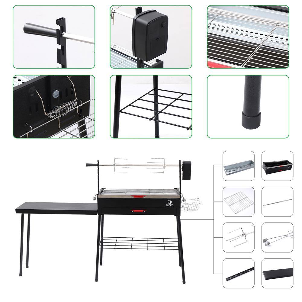Portable Black Stainless Steel Rotisserie Charcoal Grill with Side Table