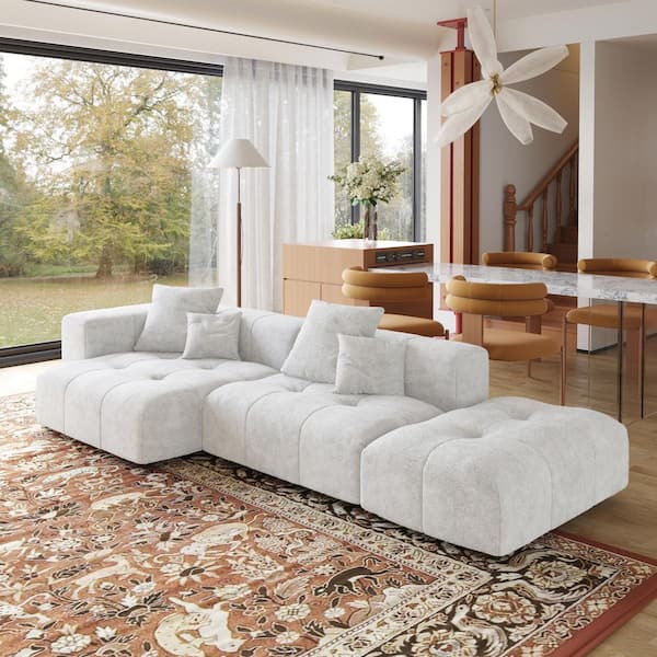 119.27 in. Square Arm 3-Piece Linen Convertible Modular Free Combination Sectional Sofa with Chaise in White