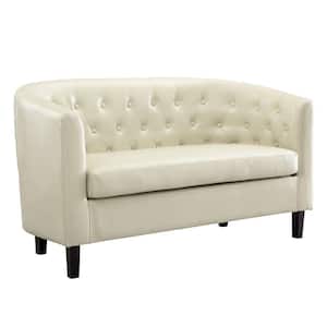 49 in. Midcentury Modern Cream Button Tufted Faux Leather 2-Seat Barrel Loveseat