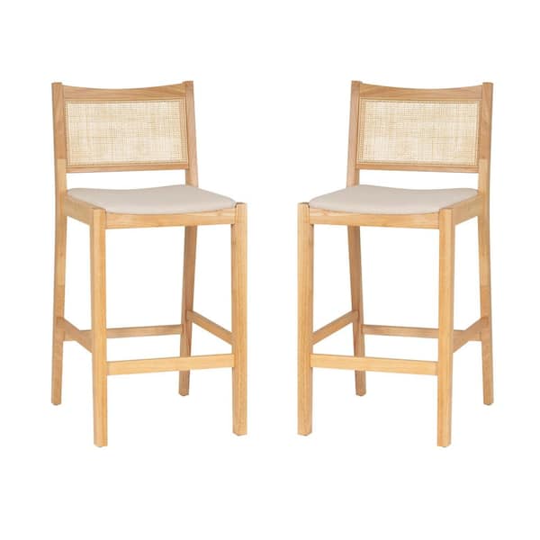 Linon Home Decor Lewis 29.25 in. Natural Cane Low Back Wood Bar Stool with Fabric Seat Set of 2