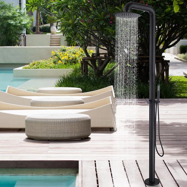 Outdoor Exposed Single-handle Freestanding Tub Faucet with Rainfall Shower Head in Matte Black