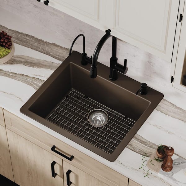 Karran QT- 820 Quartz/Granite 25 in. Single Bowl Drop-In Kitchen Sink in Brown with Bottom Grid and Strainer