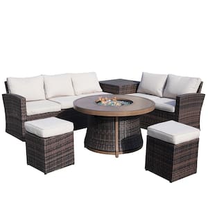 Flame 7-Piece Wicker Patio Conversation Set Outdoor Fire Pits with Beige Cushions