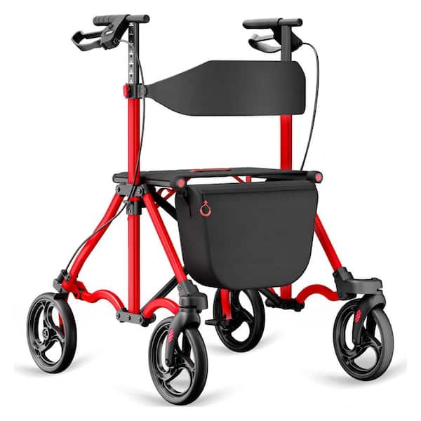 4-Wheel Rollator Walker w/ Seat in Black, Foldable Travel Rolling Walker, 300 lbs. Adjustable Height for Tall over 6 ft.