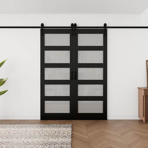 60 in. x 84 in. 5-Lite Tempered Frosted Glass Black Finished MDF Sliding Barn Door with Hardware Kit and Soft Close