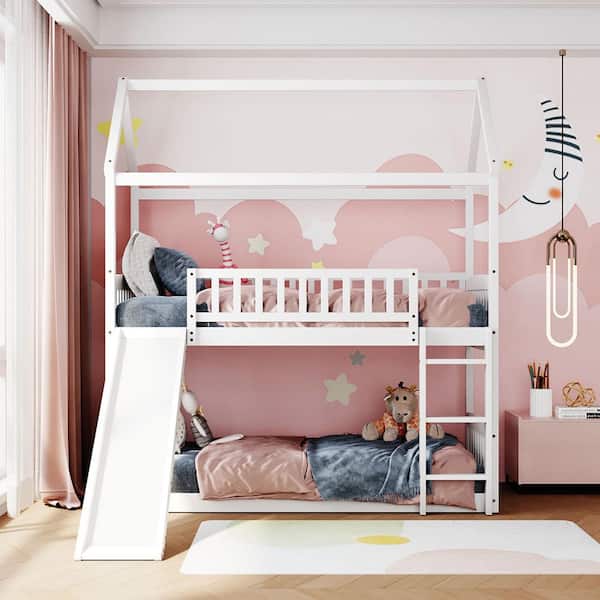 White Twin Over Twin Bunk Bed with Slide, House Bed with Slide