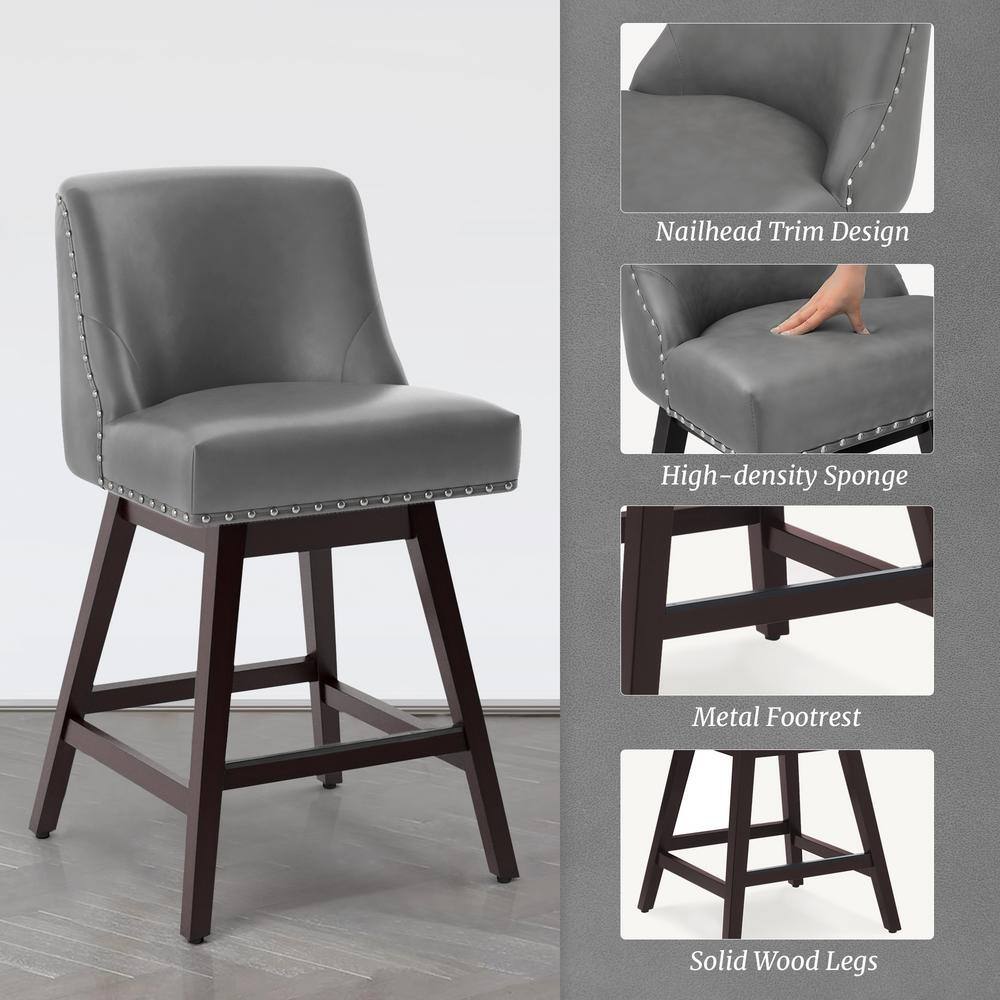 26" Dark Gray Faux Leather Swivel Bar Stools with Wood Legs, Set of 4