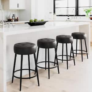 COSTWAY Bar Stools Set of 2 Wood Legs and Non-Slip Foot Pad 24-Inch Height Backless Counter Stool with Footrest Soft Seat Cushion Stone Gray+White Saddle Stools for Home Kitchen Living Room 