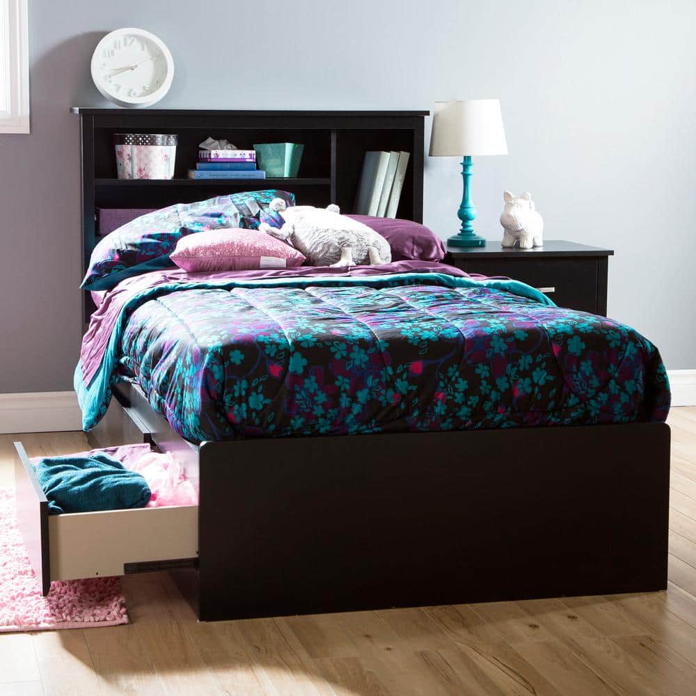 Pure Black Twin Wood Platform Bed with 3 Drawers