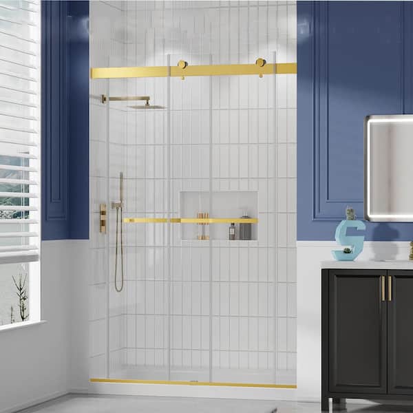 56-60 in. W x 75 in. H Brushed Gold Frameless Sliding Shower Door with Magnetic Door to Reduce Noise When Closing