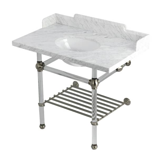 Kingston Brass Pemberton 36 in. Marble Console Sink with Acrylic Legs in Marble White Brushed Nickel