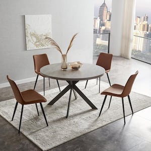 5-Piece Brown Chairs and Round Gray Dining Table, Dining Table Set with Matching 4 PU Chairs for Dining Room