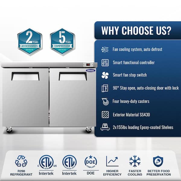 48 in. 14.1 Cu. Ft. Commercial Auto / Cycle Defrost Under Counter Upright Freezer in Stainless Steel with 2 Solid Door