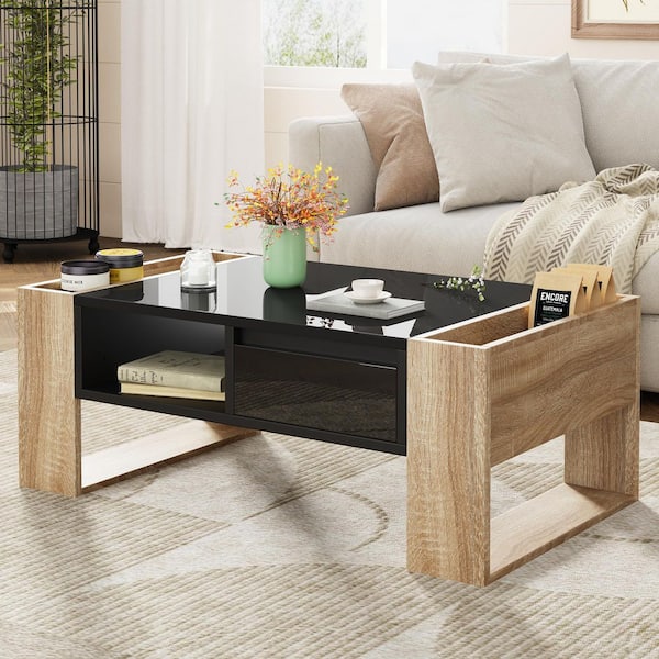 41.3 in. Black and Natural Rectangle Wood Coffee Table with Drawers
