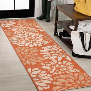 Zinnia Modern Floral Textured Weave Orange/Cream 2 ft. x 10 ft. Indoor/Outdoor Area Rug