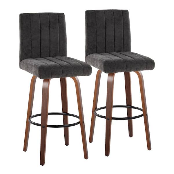 Lumisource Hank 30.75 in. Walnut Wood, Black Fabric, and Black Metal Fixed-Height Barstool (Set of 2)