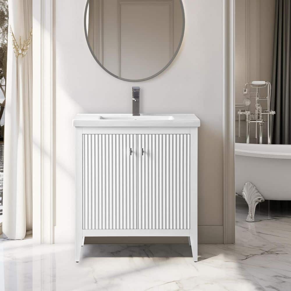30 in. W x 18.5 in D x 34 in. H Single Sink Bath Vanity Cabinet in Linear White with Ceramic Top price history on PriceWatchPro