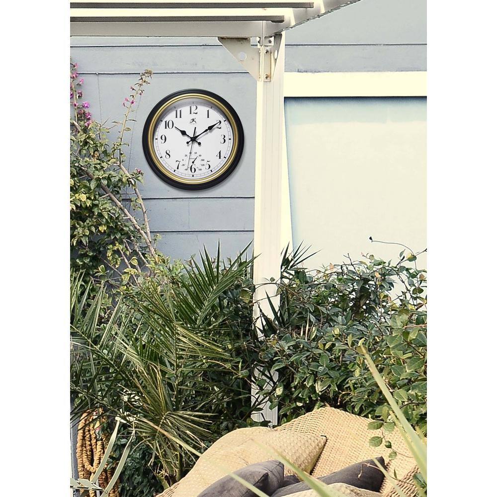 12-Inch Black and Gold Round Wall Clock with Thermometer