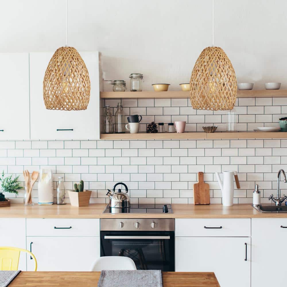Natural Twine Shade Mini Pendant Light with White Cord