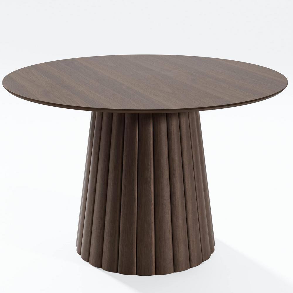 46 in. Walnut Oak Wood Color Column Pedestal Round Kitchen Table Dining Table Seats 4